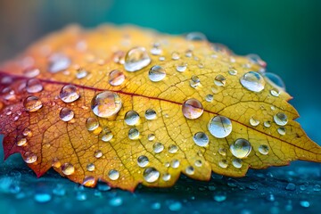 Wall Mural - Raindrops on a curled autumn leaf macro focus sof