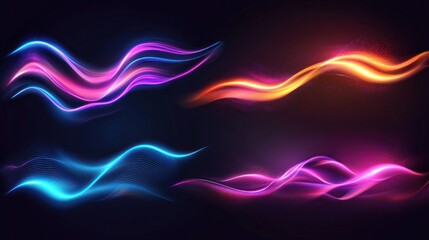 Wall Mural - Neon abstract wavy lines set on dark background