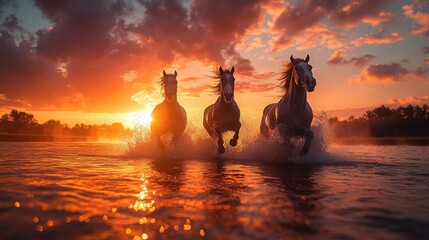 Poster - an image of three horses running in the water amidst a beautiful sky and pink clouds,photo stock