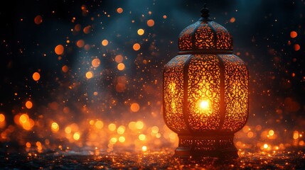 Aufkleber - ancient golden lantern emits light islamic elegant minimalist festive background with copyspace for ramadan or eid al fitr,photo stock