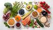 © fashanbd - Rich plates of fresh organic vegetables and salad from green leaves mix and vegetables with avocado or eggs, chicken and shrimps isolated on transparent background