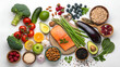 © fashanbd - Rich plates of fresh organic vegetables and salad from green leaves mix and vegetables with avocado or eggs, chicken and shrimps isolated on transparent background