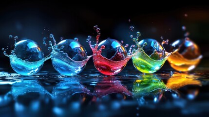 Wall Mural - Colorful spheres splashing on dark surface; vibrant liquid explosion
