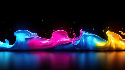 Canvas Print - Colorful liquid splashes on black surface; vibrant CMYK inks; abstract design