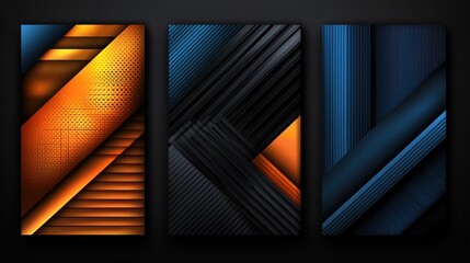 Canvas Print - abstract geometric designs, three panels, vibrant colors, dark background