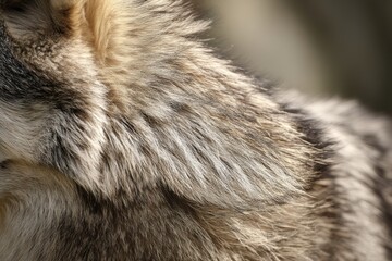 sunlight illuminates a gray wolf's shoulder, showcasing soft fur gently rippled by a breeze, conveyi
