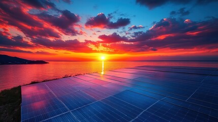 Poster - blue photovoltaic solar panels mounted on building roof for producing clean ecological electricity at sunset production of renewable energy concept,stock photo