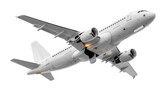 Airplane Taking Off: A commercial airplane is seen taking off, captured in mid-air with its engines blazing, against a plain background.