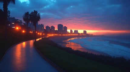 Poster - coastal city at dusk,vibrant lights,stock image