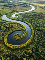 Leinwandbilder - Winding river forms spiral shape through lush green landscape showcasing natural flow and harmony in a serene environment