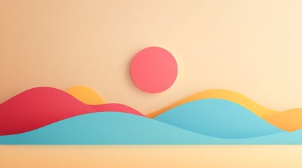 Leinwandbilder - Minimalist landscape with colorful wavy hills and big sun in abstract style