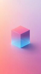 Poster - Transparent glass cube exhibiting a gradient of pink and blue on a pastel background