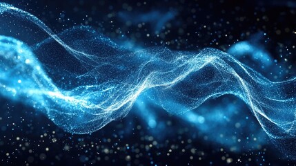 Wall Mural - Wavy blue digital particle stream, shimmering light dots, dynamic abstract pattern