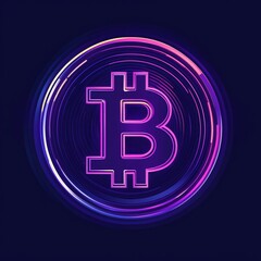 Leinwandbilder - Bitcoin symbol glowing with purple neon light surrounded by colorful rings on dark blue background