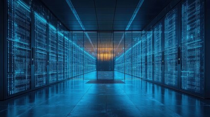 Fototapete - digital data stream abstract representation of a massive data center showcasing glowing blue streams of data flowing across a wall of servers the image evokes a sense of speed innovation,stock photo