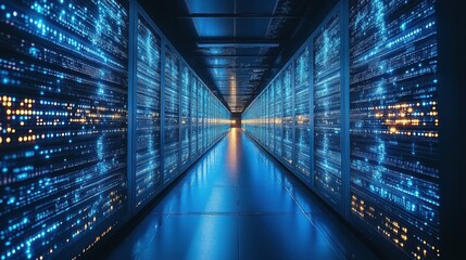 Fototapete - digital data stream abstract representation of a massive data center showcasing glowing blue streams of data flowing across a wall of servers the image evokes a sense of speed innovation