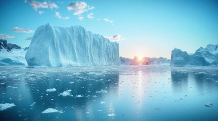 Wall Mural - Melting icebergs in a serene arctic landscape at sunset: a climate change concern