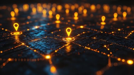 Poster - digital map,glowing location pins futuristic technology network connections