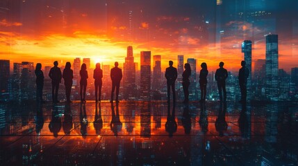 Poster - double exposure image of many business people conference group meeting on city office building in background showing partnership success of business deal concept of teamwork,stock image