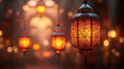 Aufkleber - elegant hanging copper moroccan lantern,warm glow on a soft beige background featuring glittering bokeh lights creating a serene,festive ambiance for ramadan kareem,islamic holiday celeb,stock photo
