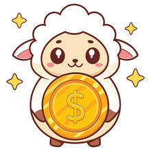 Fluffy Cartoon Sheep Holding Gold Dollar Coin, With Sparkling Star Shapes Around It