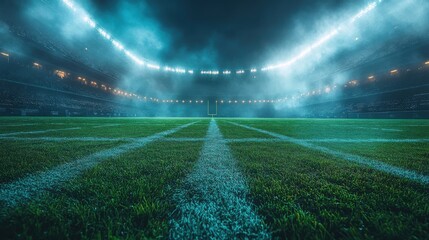 Leinwandbilder - football field under the spotlight a dramatic low angle view of a green football field bathed in the glow of stadium lights,a hazy atmosphere adding to the sense of anticipation,excitement