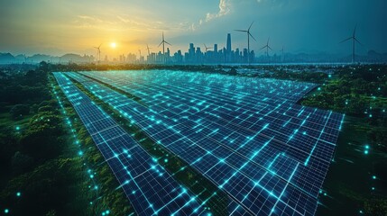 Poster - futuristic ai controlled renewable energy grids distributing solar,wind power a clean energy city where ai manages every aspect of power distribution