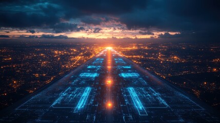 Poster - futuristic digital representation of air traffic control,glowing blue circuits airplanes,airport infrastructure symbolizing aviation technology,global connectivity,stock image
