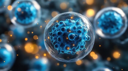 Fototapete - gclose up of blue exosome particles inside transparent spheres 3d illustration of exosomes in biotechnology scientific visualization related to cosmetology,trichology enerated image