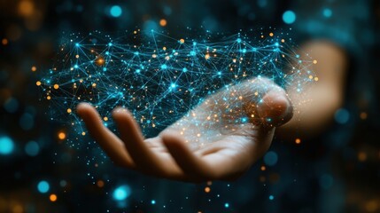 Aufkleber - hand holding a network of data connections representing technological progress,digital innovation,stock image