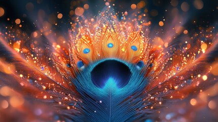 Leinwandbilder - indian holi peacock feather motif,colorful powder swirls,hanging crystal beads in a majestic palace hall copy space generative ai,photo stock