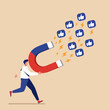 © johndaly - Attracting Likes: A businessman runs, wielding a powerful magnet attracting a flurry of likes, symbolizing the pursuit of online popularity and engagement.