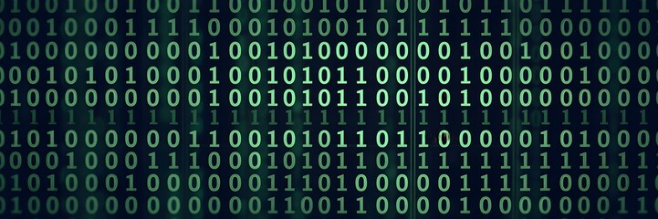 green binary digits on dark background, binary data flow