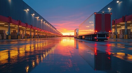 Poster - loading boxes into a truck at a warehouse during twilight,reflective wet surfaces,overhead lighting enhancing visibility,stock image