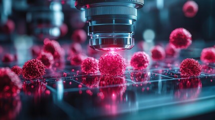Poster - microscope analyzing cancer cells symbolizing precise cancer diagnostics,treatment,stock image