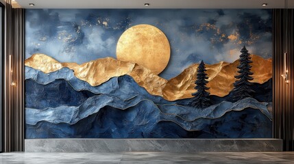 Poster - modern flat artwork mural wallpaper for living room,bedroom christmas tree marble golden mountain in painting background,stock image
