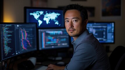 Focused software developer working on multiple screens with code and data visualizations in a modern tech workspace