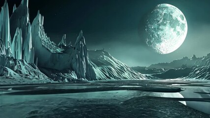 Wall Mural - surreal silver moonlit landscape, icy glaciers under celestial glow. ethereal light casts shadows on