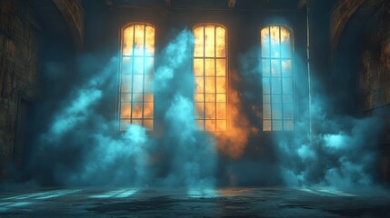 Poster - mysterious light streaming dusty warehouse windows,photo stock