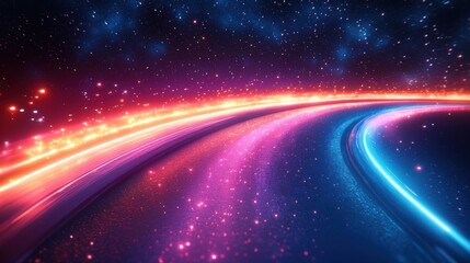 Poster - neon blue,pink light trails against a starry sky flowing in a curved path to create a vibrant fast motion effect,a futuristic cosmic atmosphere