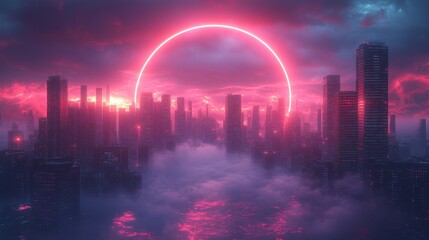 Poster - neon frame,square red,cyan lights high tech skyscraper rooftop,misty skyline copy space generative ai,photo stock