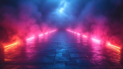 Leinwandbilder - old wet asphalt neon lights street,smoke on black background in 3d