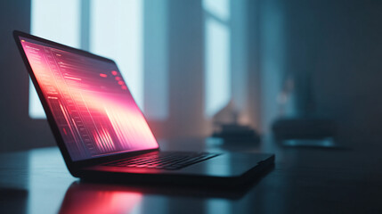 Laptop with glowing screen for coding and programming in a dark room for software development work