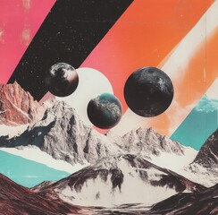 Wall Mural - a colorful painting of three planets and mountains. the painting is a mix of different colors and te