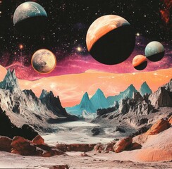 Wall Mural - a painting of a desolate landscape with a large number of planets in the sky. the painting has a dre