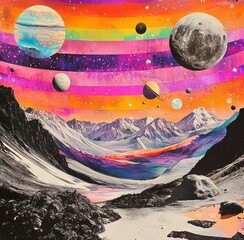 Wall Mural - a painting of a mountain range with a purple and orange sky. the mountains are in the background and