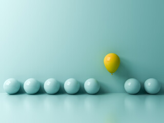 Leinwandbilder - Stand out from the crowd and different concepts One yellow balloon flying or floating amongs other blue balls on light blue green pastel color wall background with reflections and shadows 3D rendering