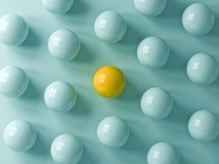 Fototapete - Stand out from the crowd and different concepts One yellow round sphere ball amongs other blue balls on light blue green pastel color background with window reflections and shadows 3D rendering