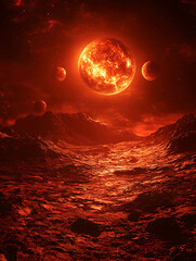 Wall Mural - An alien desolate landscape under a fiery stellar sun with distant moons and an ominous red-tinged sky.