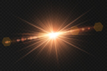Wall Mural - Light star gold PNG shines with bright sun intensity. Solar rays flicker vividly with soft transition glow. Cosmic sparkle burst creates dreamy abstract celebration style. Transparent sunlight flare